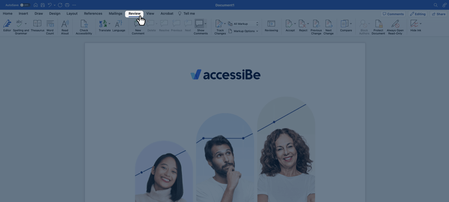 Screenshot of Word&rsquo;s top-level editing options with &lsquo;Review&rsquo; selected as the active tab.